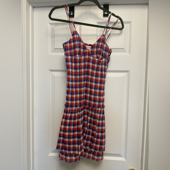 Fiorucci Women’s Red White And Blue Checkered Plaid Mini Dress Size 26 NWT - Picture 1 of 7